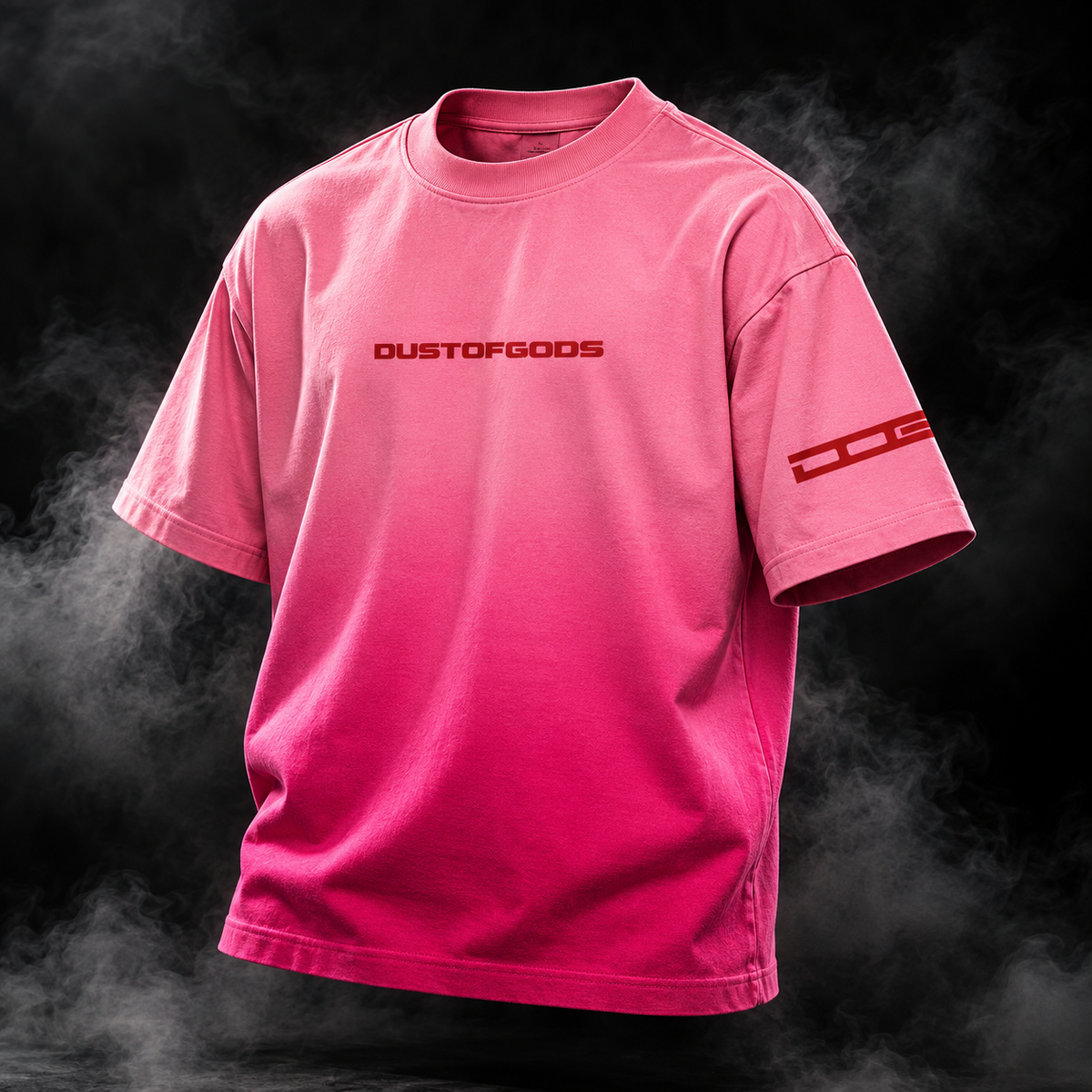 Back view of DUSTOFGODS Red Flag sunfade ombre pink boxy fit unisex t-shirt with bold red flag graphic and bull artwork