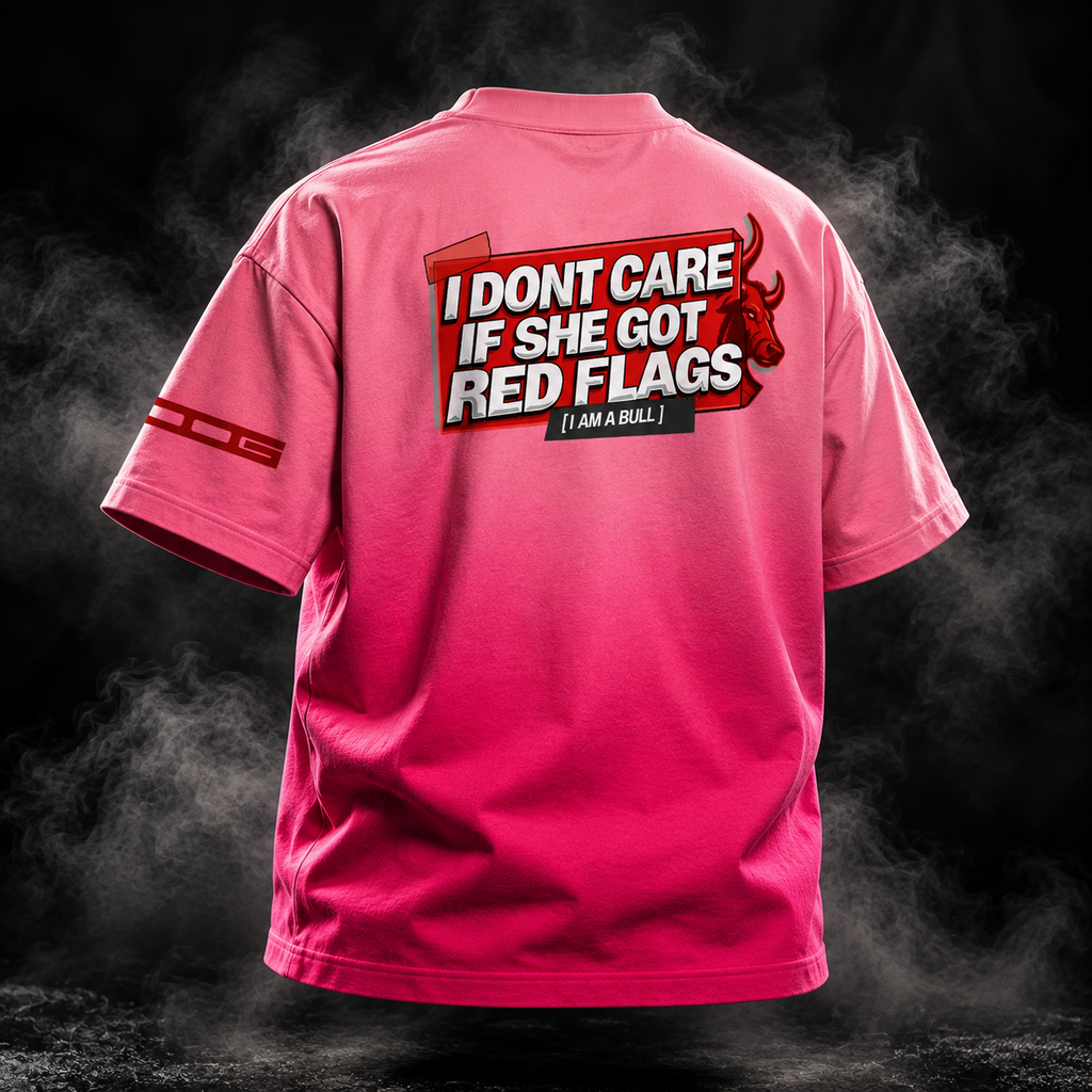 Front detail of DUSTOFGODS Red Flag pink sunfade ombre boxy t-shirt showing red chest logo and sleeve graphic