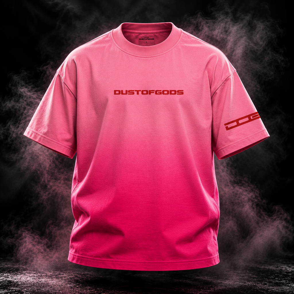 DUSTOFGODS Red Flag sunfade ombre pink boxy fit unisex t-shirt with red DUSTOFGODS chest logo and sleeve graphic