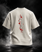 DUSTOFGODS Sakura Bloom boxy fit unisex waffle t-shirt in off-white with vertical red cherry blossom artwork and DUST OF GODS branding on the back