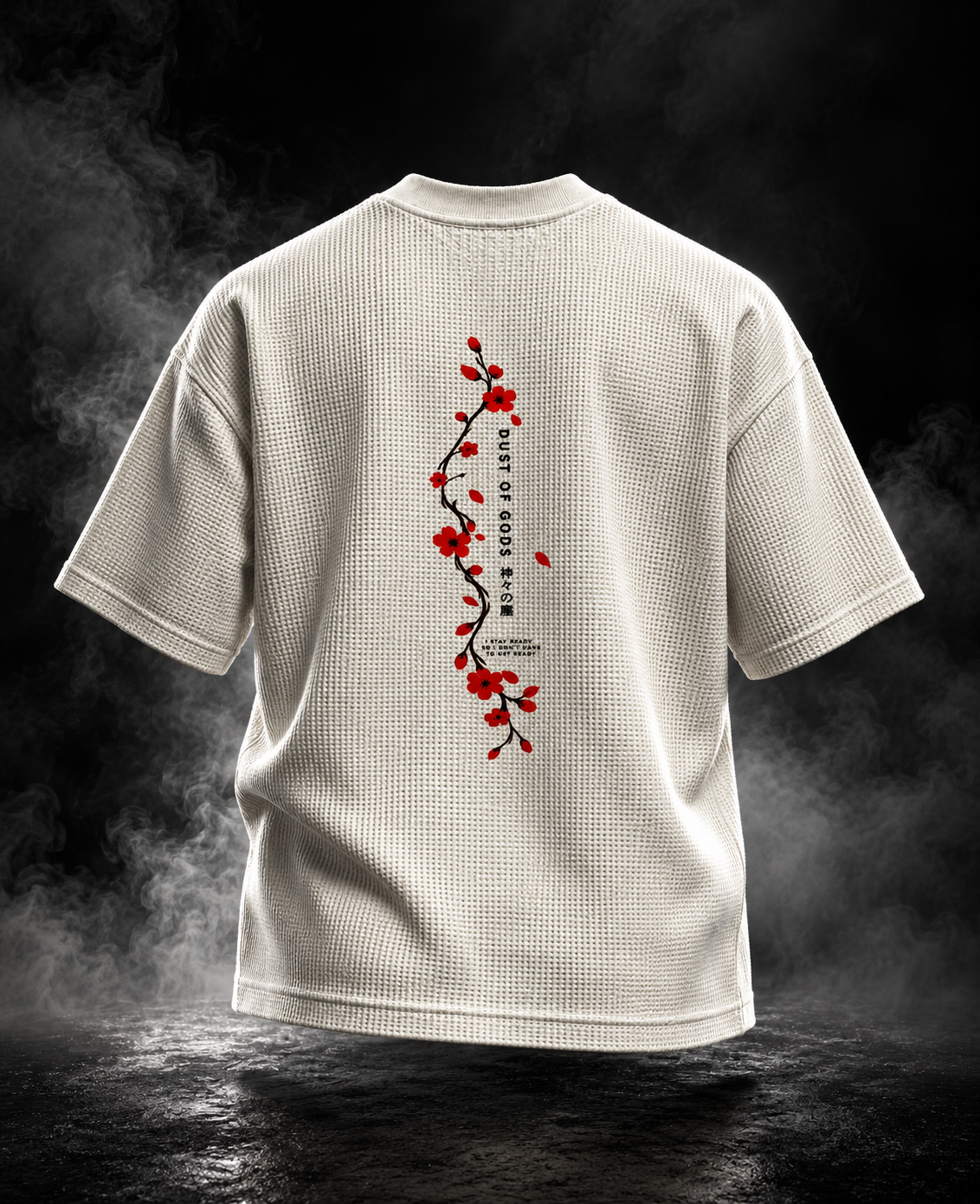 DUSTOFGODS Sakura Bloom boxy fit unisex waffle t-shirt in off-white with vertical red cherry blossom artwork and DUST OF GODS branding on the back