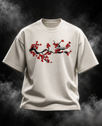DUSTOFGODS Sakura Bloom boxy fit unisex waffle t-shirt in off-white with black branch and red cherry blossom graphic on the front