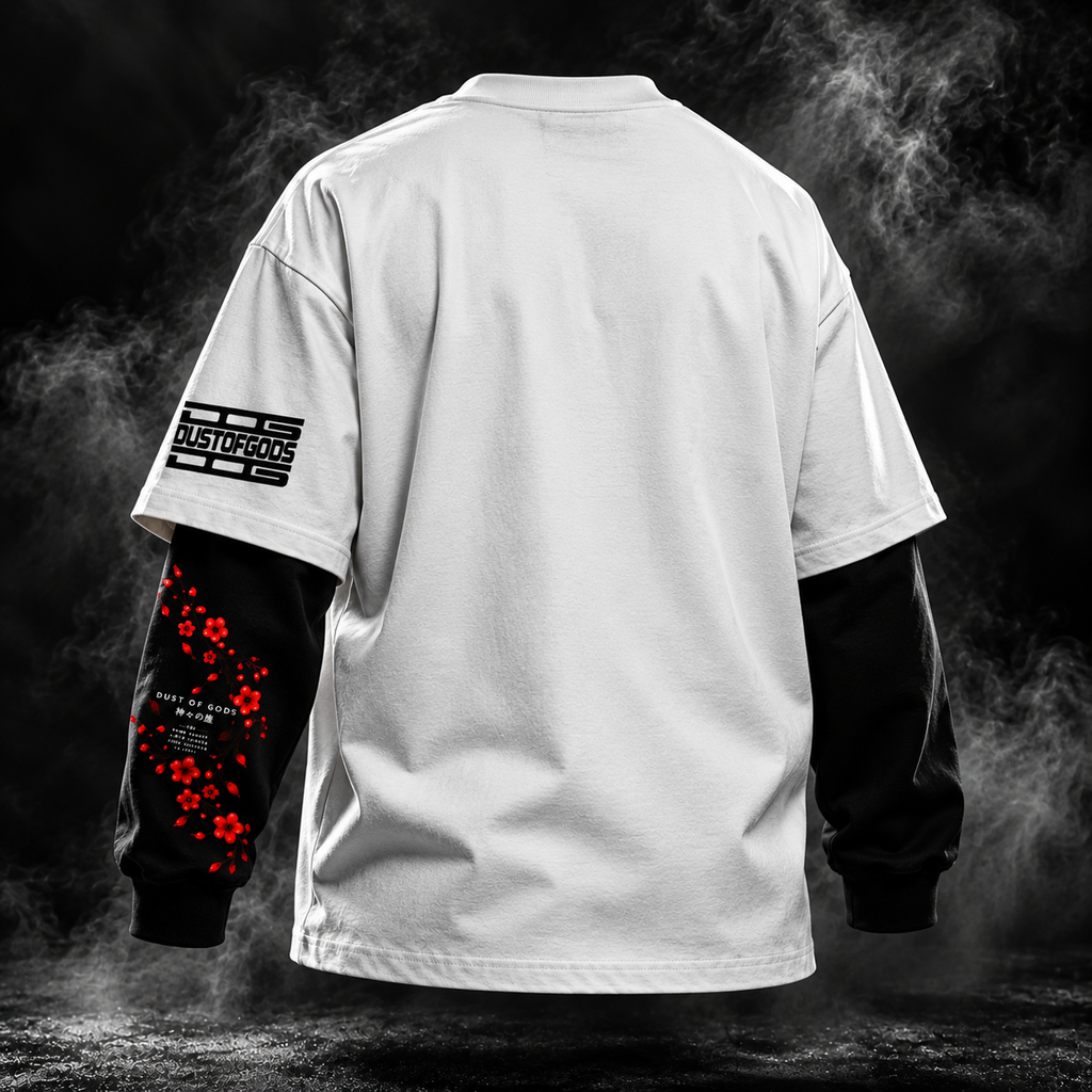 DUSTOFGODS Sakura Bloom oversized doctor sleeve unisex t-shirt in white with black sleeves and red cherry blossom artwork visible on the sleeve and back