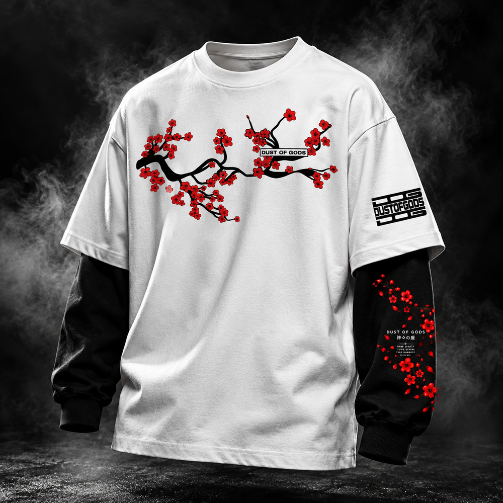 DUSTOFGODS Sakura Bloom oversized doctor sleeve unisex t-shirt in white with black long sleeves, red cherry blossom front artwork and DUST OF GODS sleeve branding