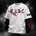 DUSTOFGODS Sakura Bloom oversized doctor sleeve unisex t-shirt in white with black long sleeves, red cherry blossom front artwork and DUST OF GODS sleeve branding