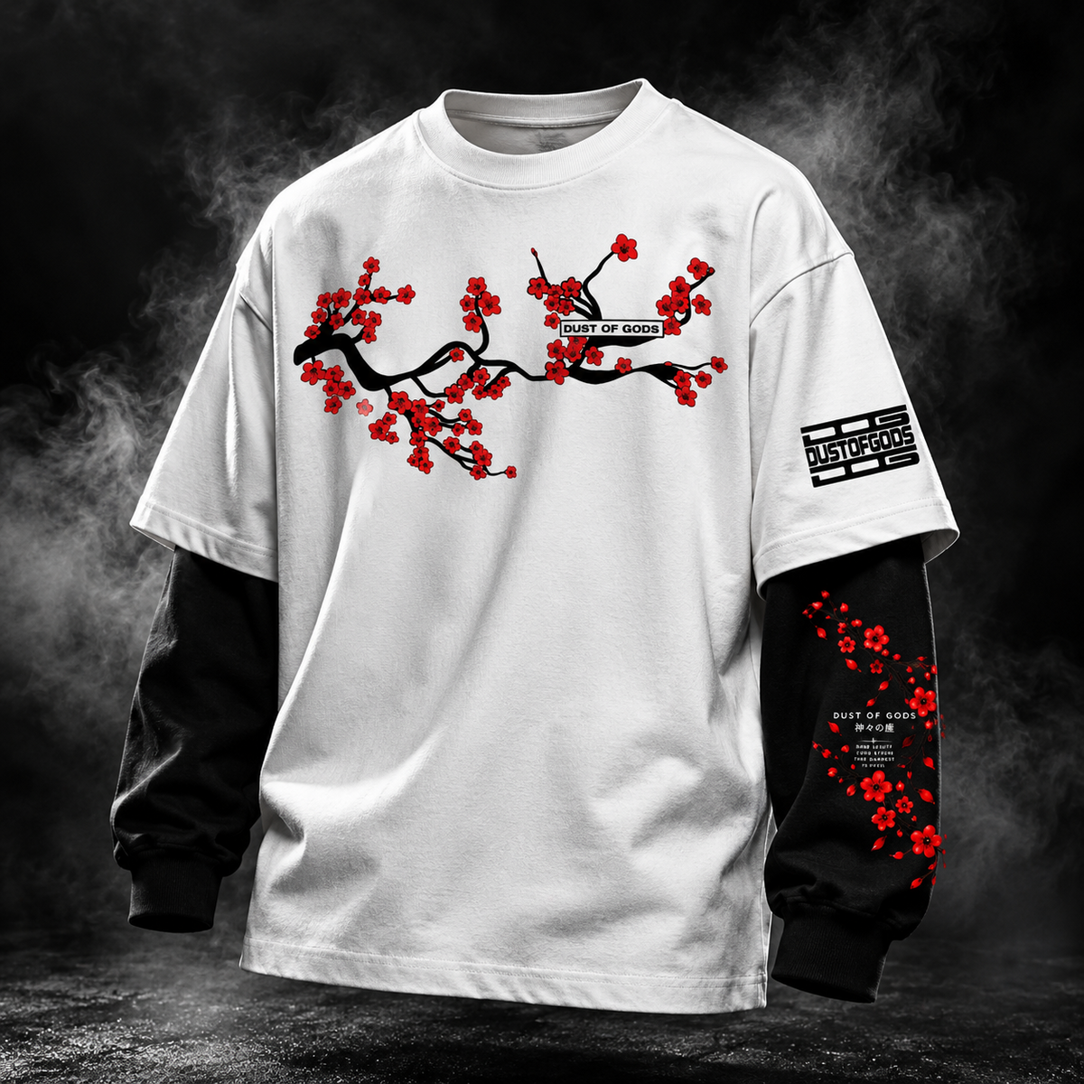 DUSTOFGODS Sakura Bloom oversized doctor sleeve unisex t-shirt in white with black long sleeves, red cherry blossom front artwork and DUST OF GODS sleeve branding