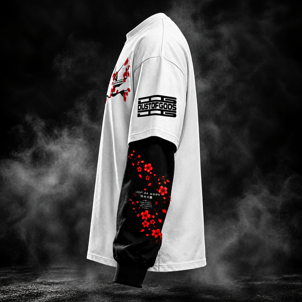 Side view of DUSTOFGODS Sakura Bloom oversized doctor sleeve unisex t-shirt in white with black sleeve construction and red floral artwork