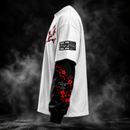 Side view of DUSTOFGODS Sakura Bloom oversized doctor sleeve unisex t-shirt in white with black sleeve construction and red floral artwork
