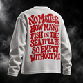 Sea Fish off-white waffle unisex long sleeve T-shirt angled back view with red statement graphic