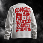 Sea Fish off-white waffle unisex long sleeve T-shirt angled back view with red statement graphic