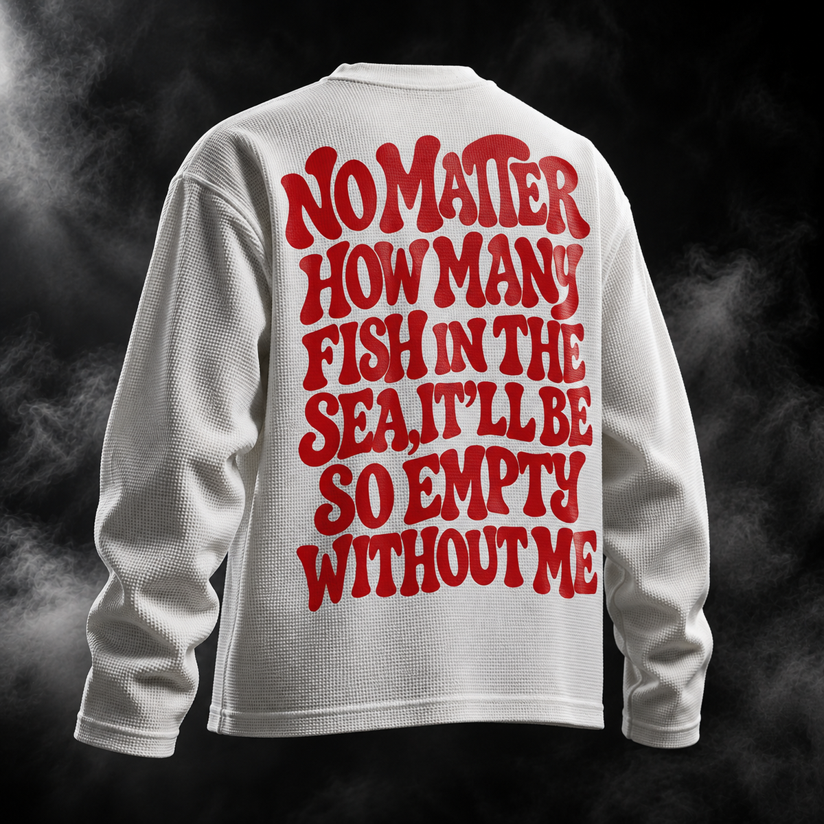 Sea Fish off-white waffle unisex long sleeve T-shirt angled back view with red statement graphic