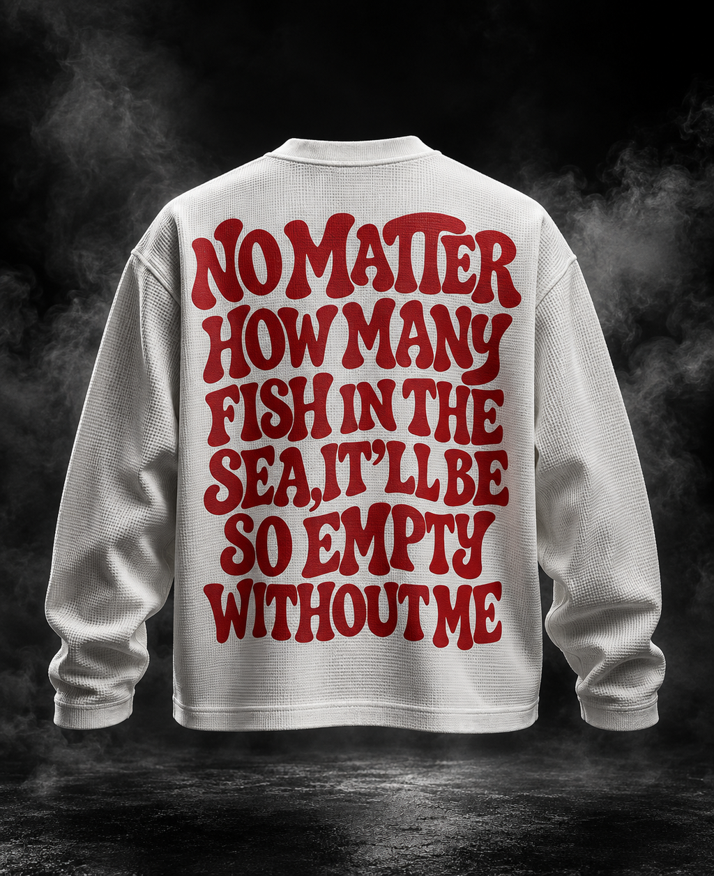 Sea Fish off-white waffle unisex long sleeve T-shirt back with red fish-themed graphic
