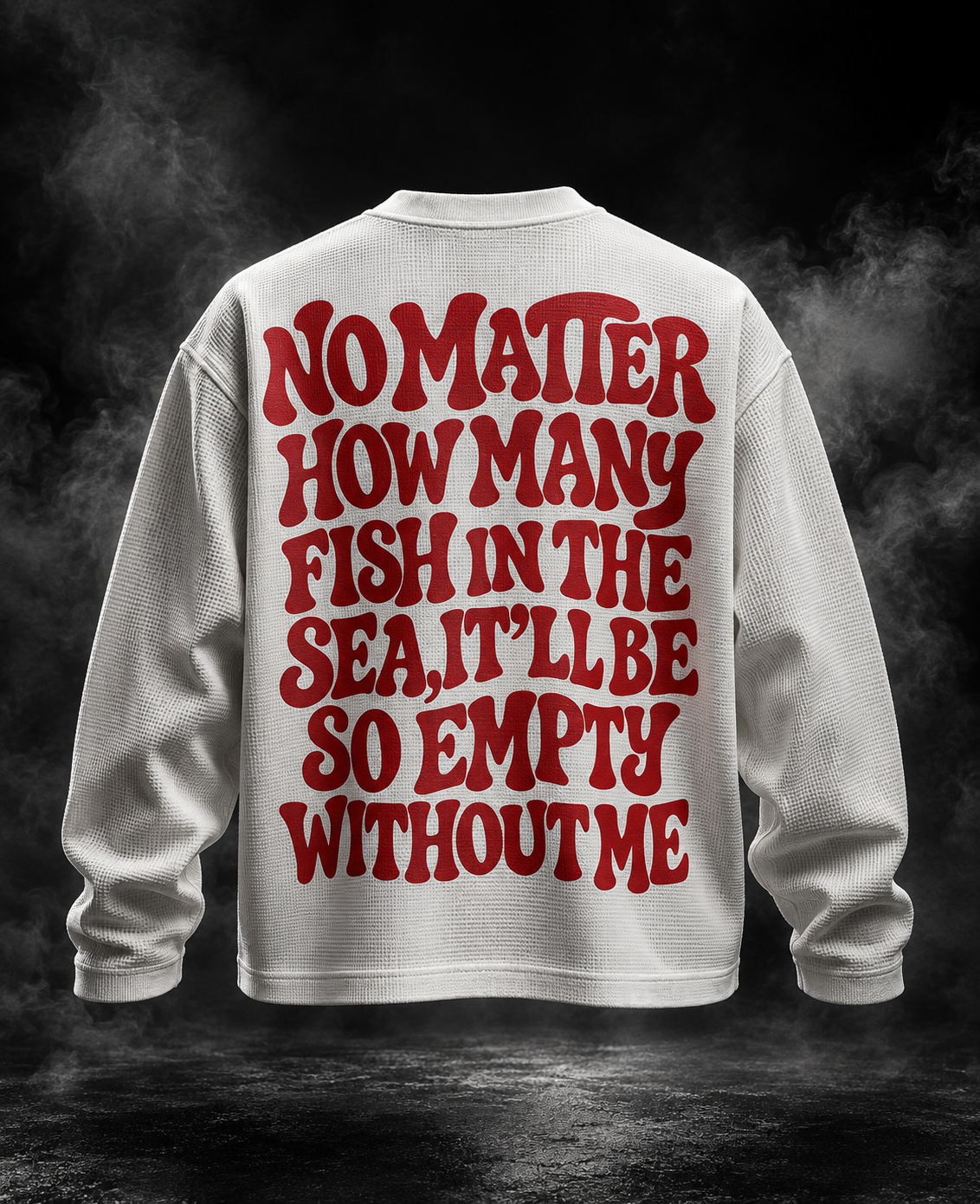 Sea Fish off-white waffle unisex long sleeve T-shirt back with red fish-themed graphic