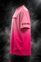 Sea Fish pink sunfade ombre boxy unisex T-shirt angled front view with DUSTOFGODS chest logo