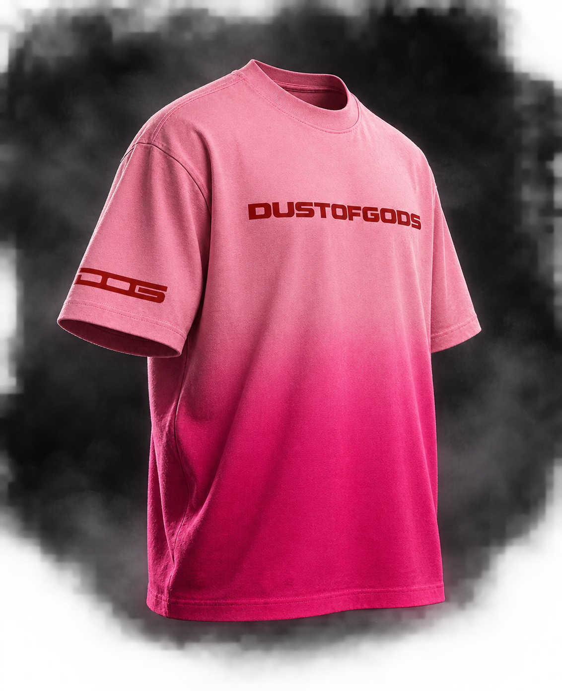 Sea Fish pink sunfade ombre boxy unisex T-shirt front view with DUSTOFGODS logo