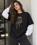 The Stallion Oversized Unisex Tee by DUSTOFGODS featuring a vibrant multicolour stallion graphic on premium black French Terry cotton.