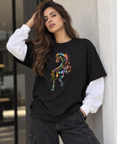 The Stallion Oversized Unisex Tee by DUSTOFGODS featuring a vibrant multicolour stallion graphic on premium black French Terry cotton.