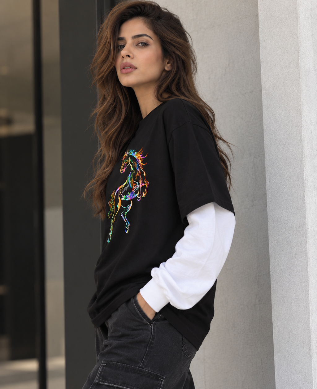 The Stallion Oversized Unisex Tee by DUSTOFGODS featuring a vibrant multicolour stallion graphic on premium black French Terry cotton.