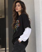 The Stallion Oversized Unisex Tee by DUSTOFGODS featuring a vibrant multicolour stallion graphic on premium black French Terry cotton.