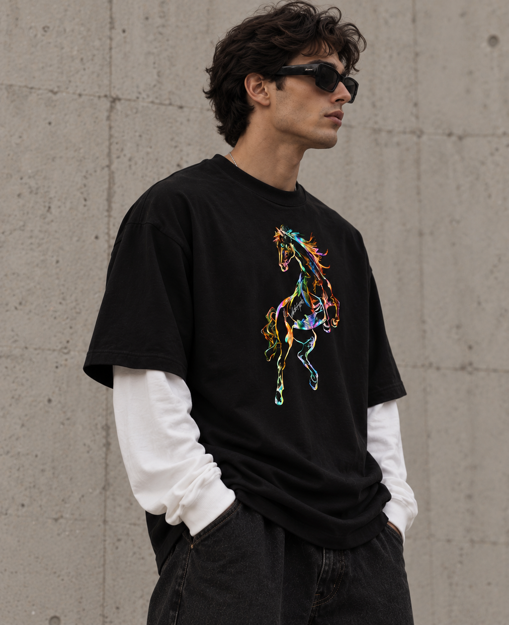 The Stallion Oversized Unisex Tee by DUSTOFGODS featuring a vibrant multicolour stallion graphic on premium black French Terry cotton.