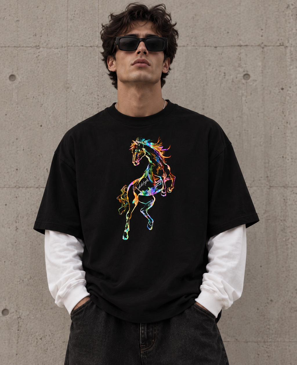 The Stallion Oversized Unisex Tee by DUSTOFGODS featuring a vibrant multicolour stallion graphic on premium black French Terry cotton.