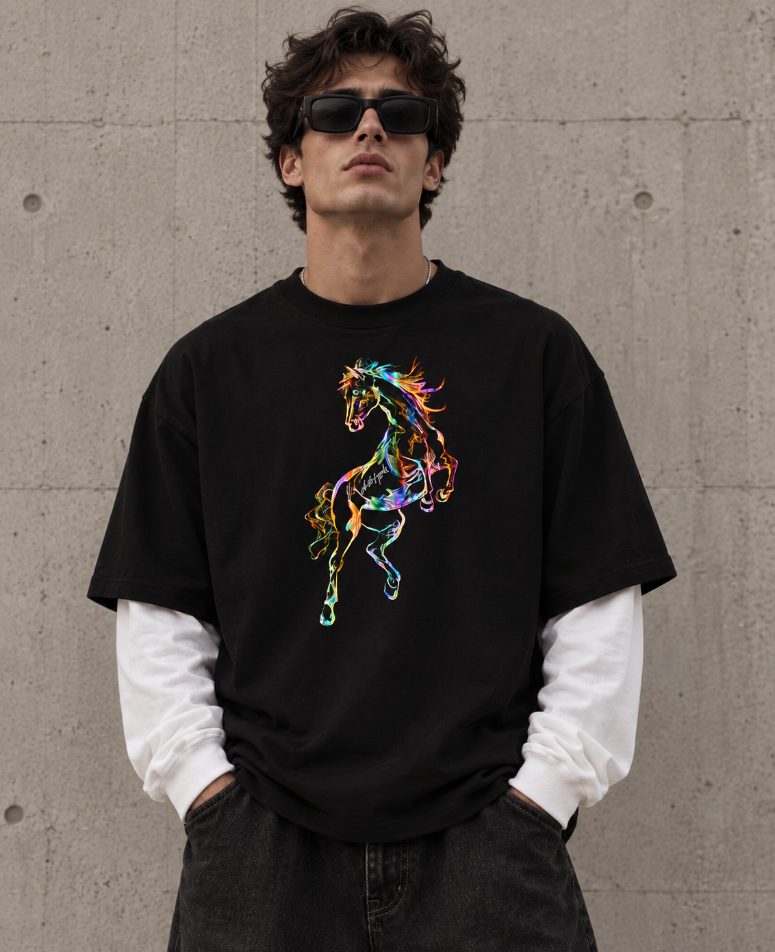 The Stallion Oversized Unisex Tee by DUSTOFGODS featuring a vibrant multicolour stallion graphic on premium black French Terry cotton.