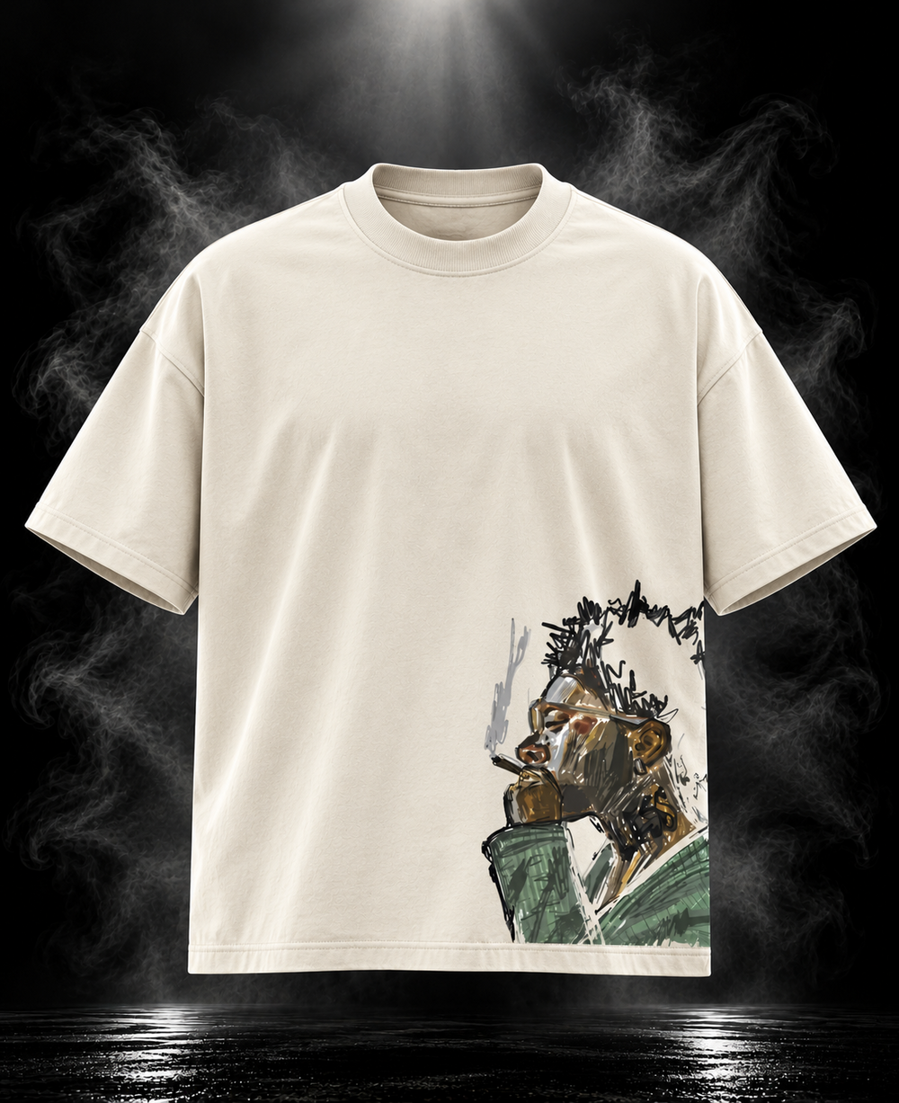Thoughts off-white boxy fit unisex T-shirt with hand-drawn bear artwork on lower front