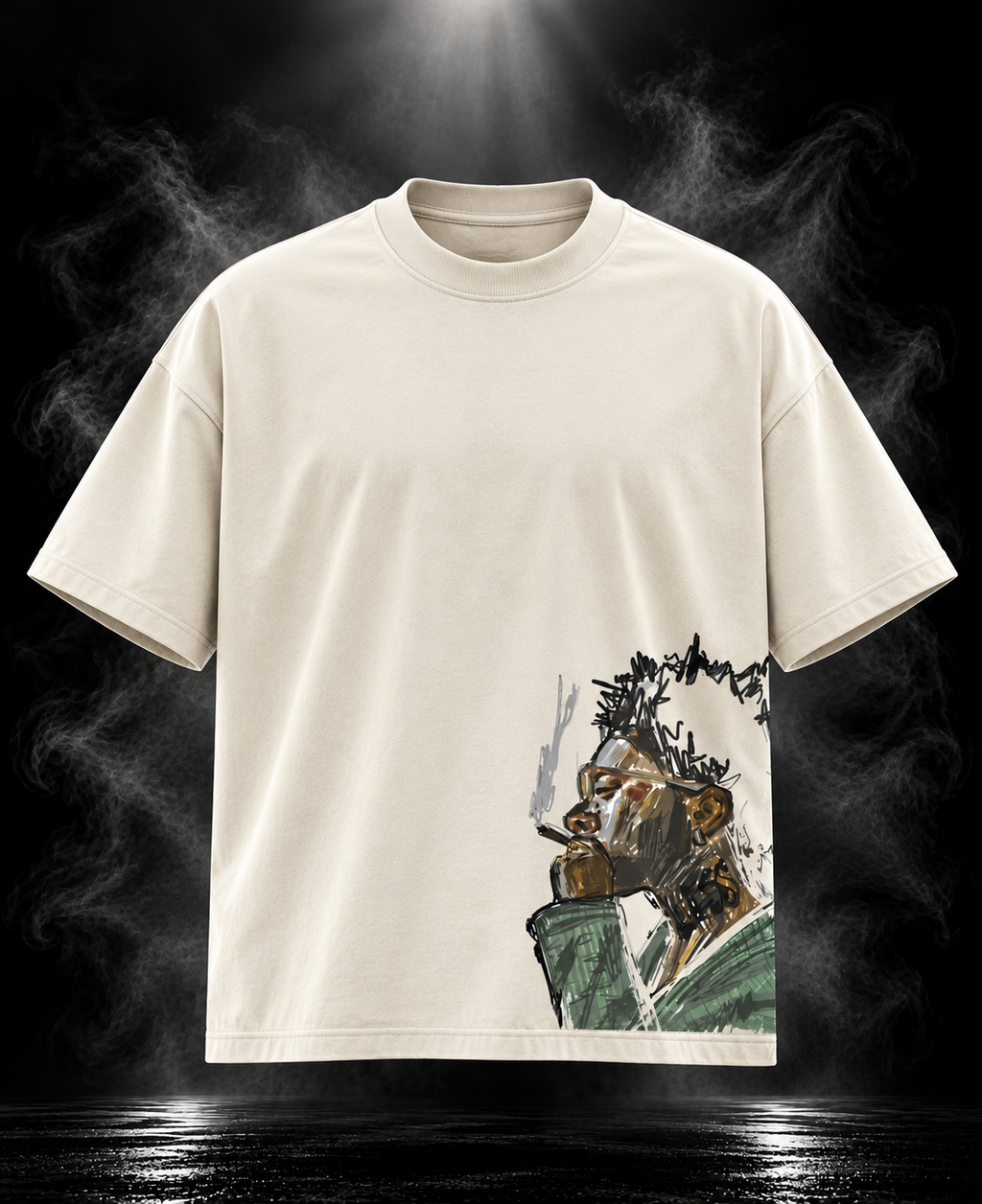 Thoughts off-white boxy fit unisex T-shirt with hand-drawn bear artwork on lower front