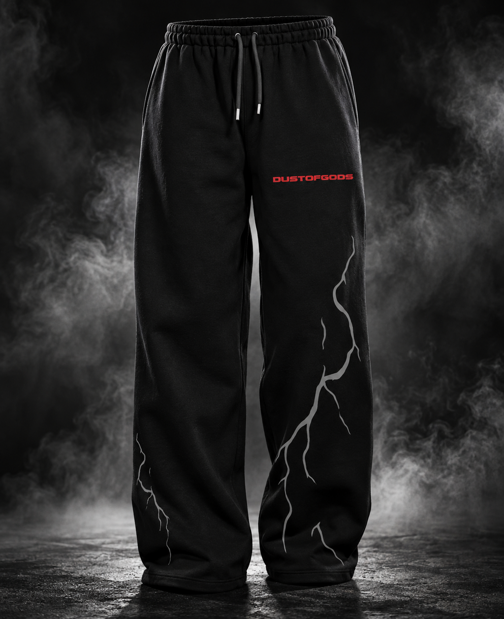Thunder Heavyweight Sweatpants black front view with red DUST OF GODS logo and lightning graphics