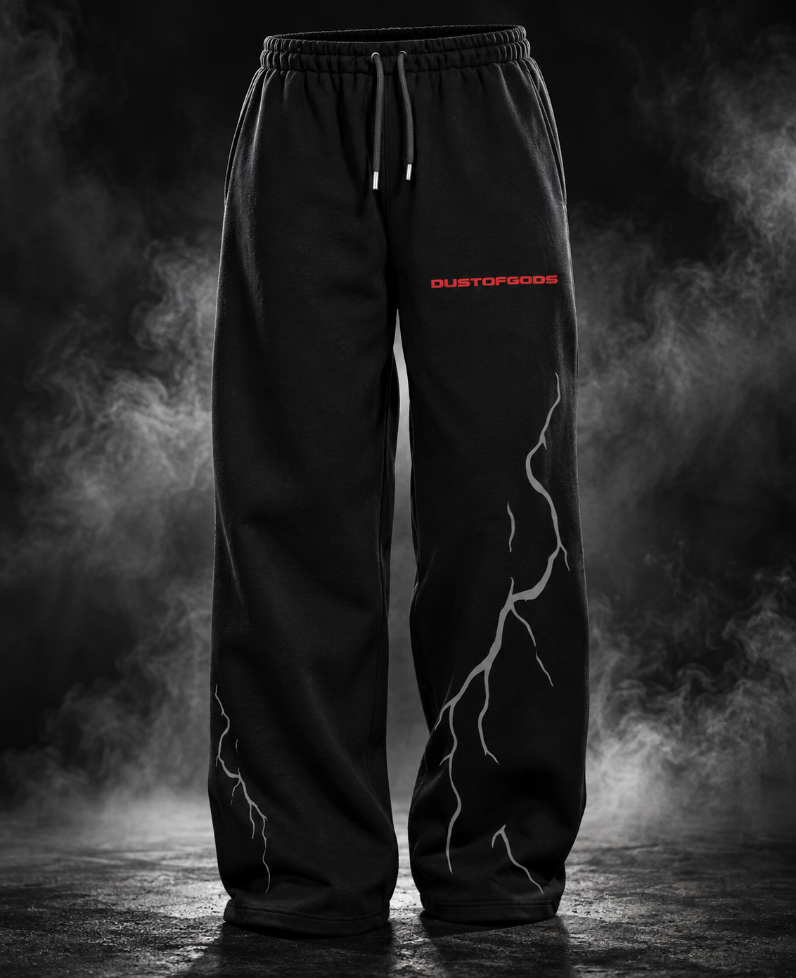 Thunder Heavyweight Sweatpants black front view with red DUST OF GODS logo and lightning graphics