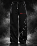 Thunder Heavyweight Sweatpants black front view with red DUST OF GODS logo and lightning graphics