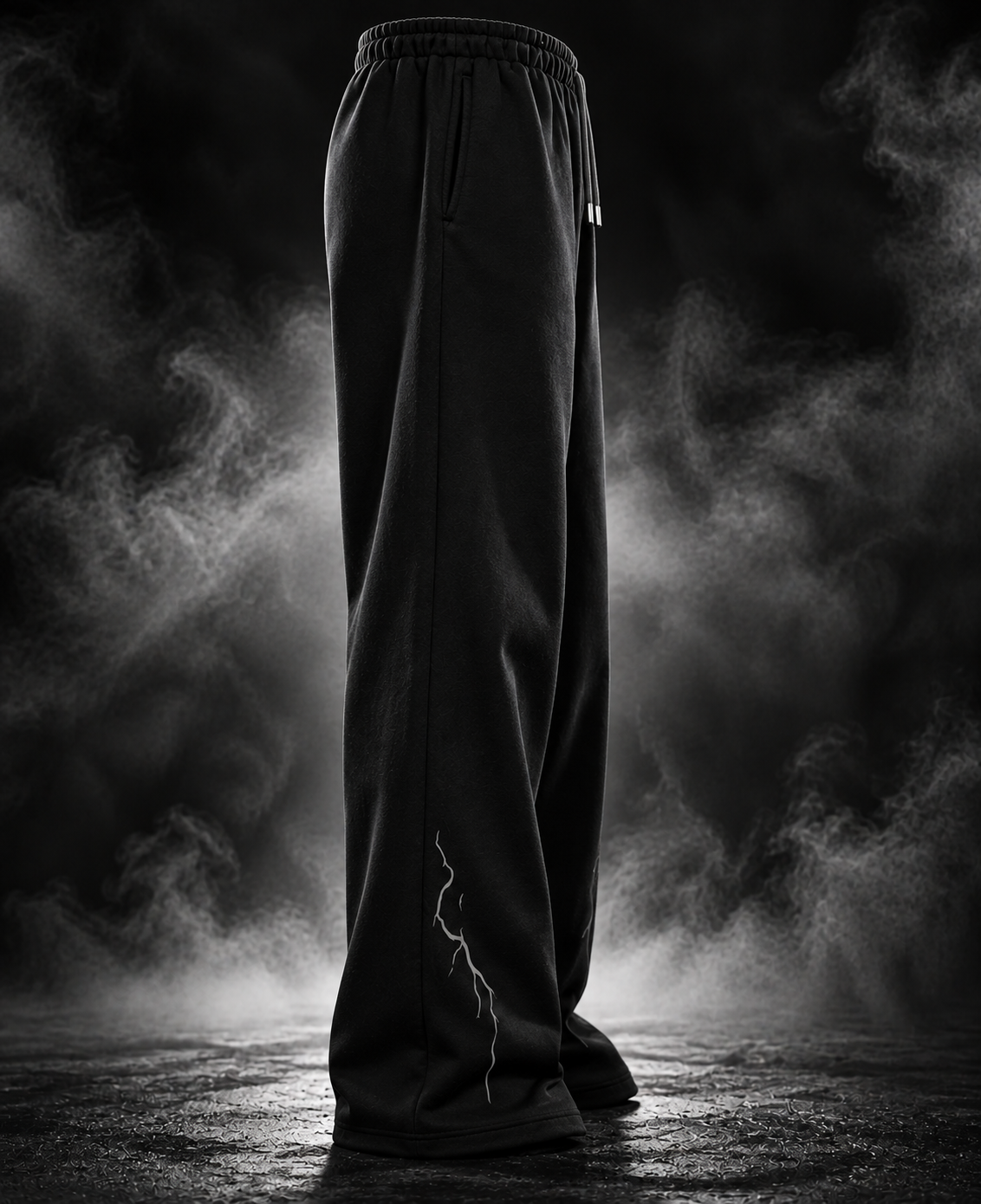 Thunder Heavyweight Sweatpants black rear-side view showing relaxed wide-leg silhouette and lightning detail