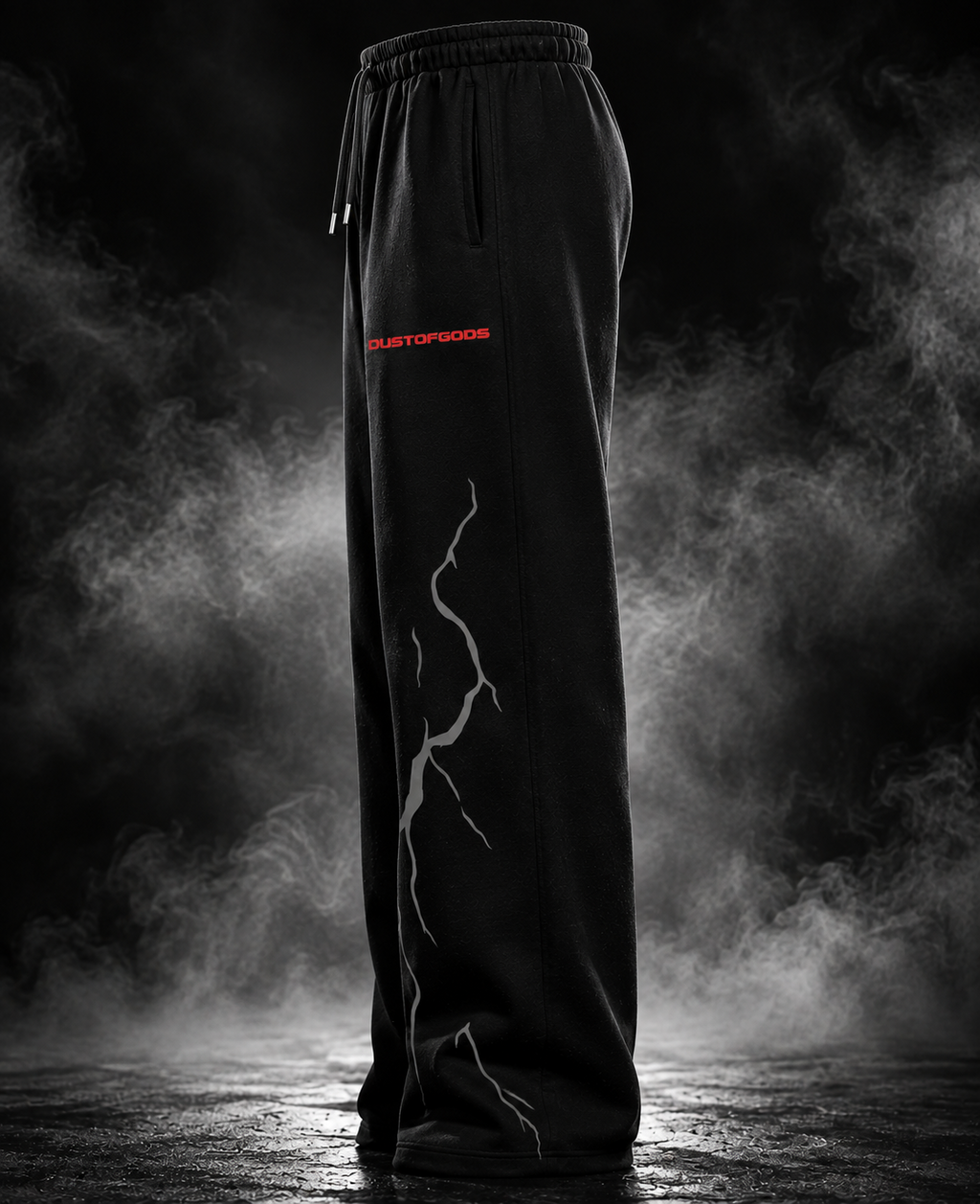 Thunder Heavyweight Sweatpants black side view with lightning graphic and red DUST OF GODS logo