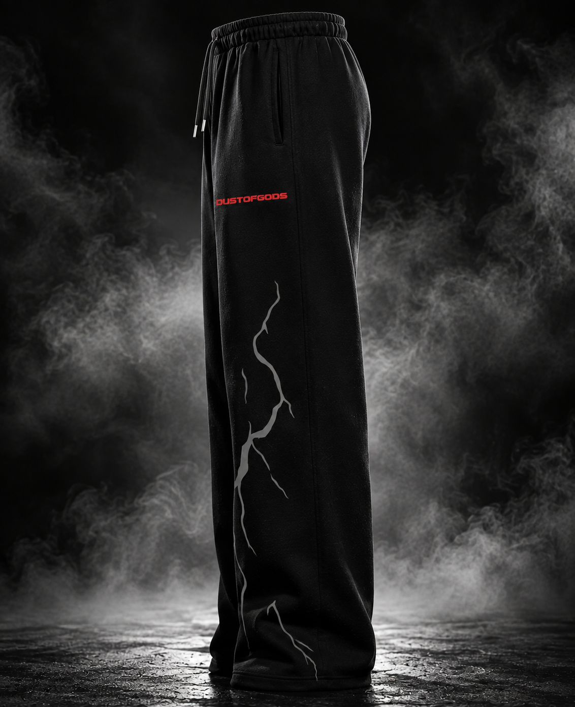 Thunder Heavyweight Sweatpants black side view with lightning graphic and red DUST OF GODS logo