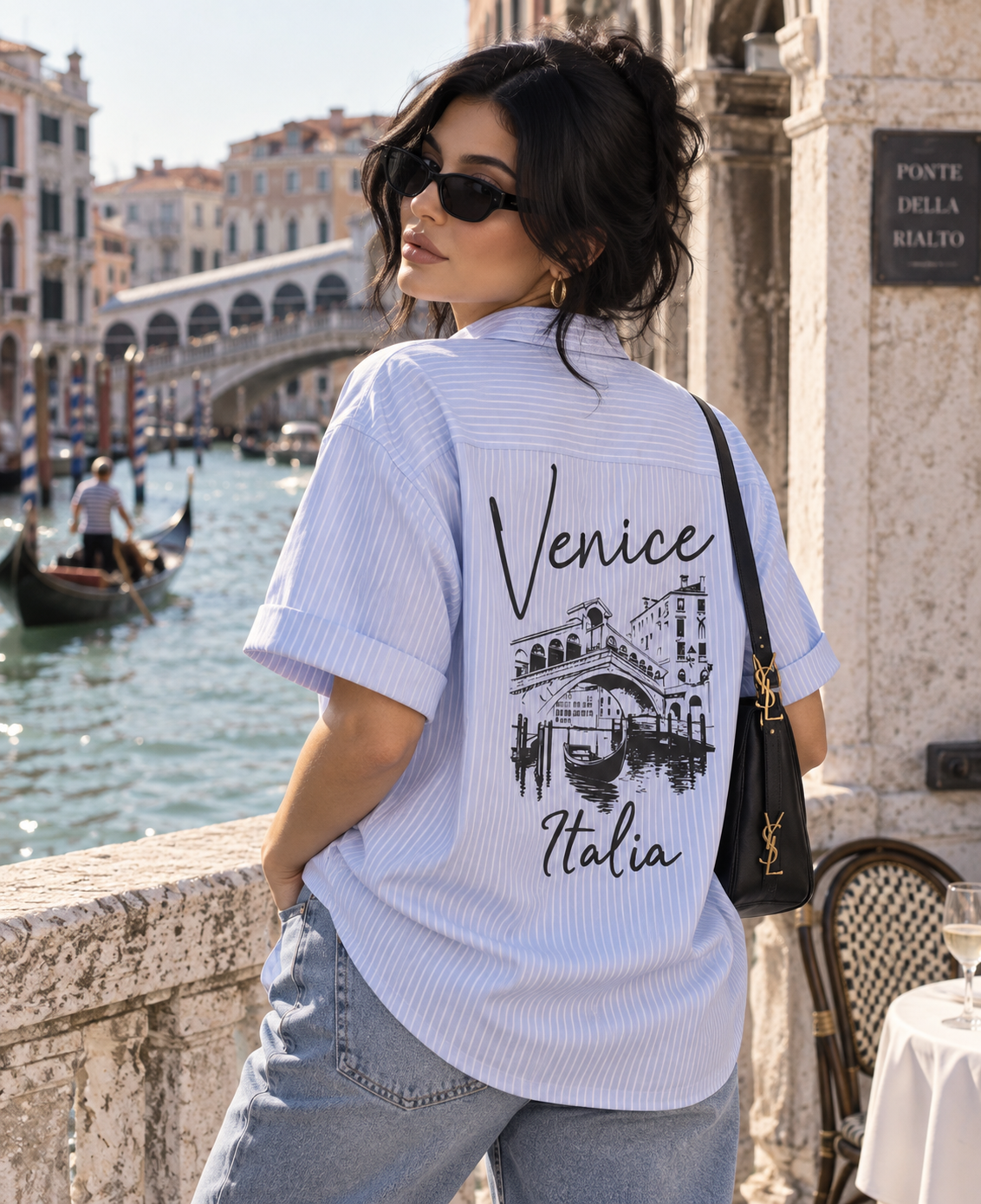 Venice Blue Boxy Fit Shirt by DUSTOFGODS, back view showing Venice Italia bridge artwork