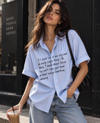Venice Blue Boxy Fit Shirt by DUSTOFGODS, light blue pinstripe short sleeve shirt worn with denim