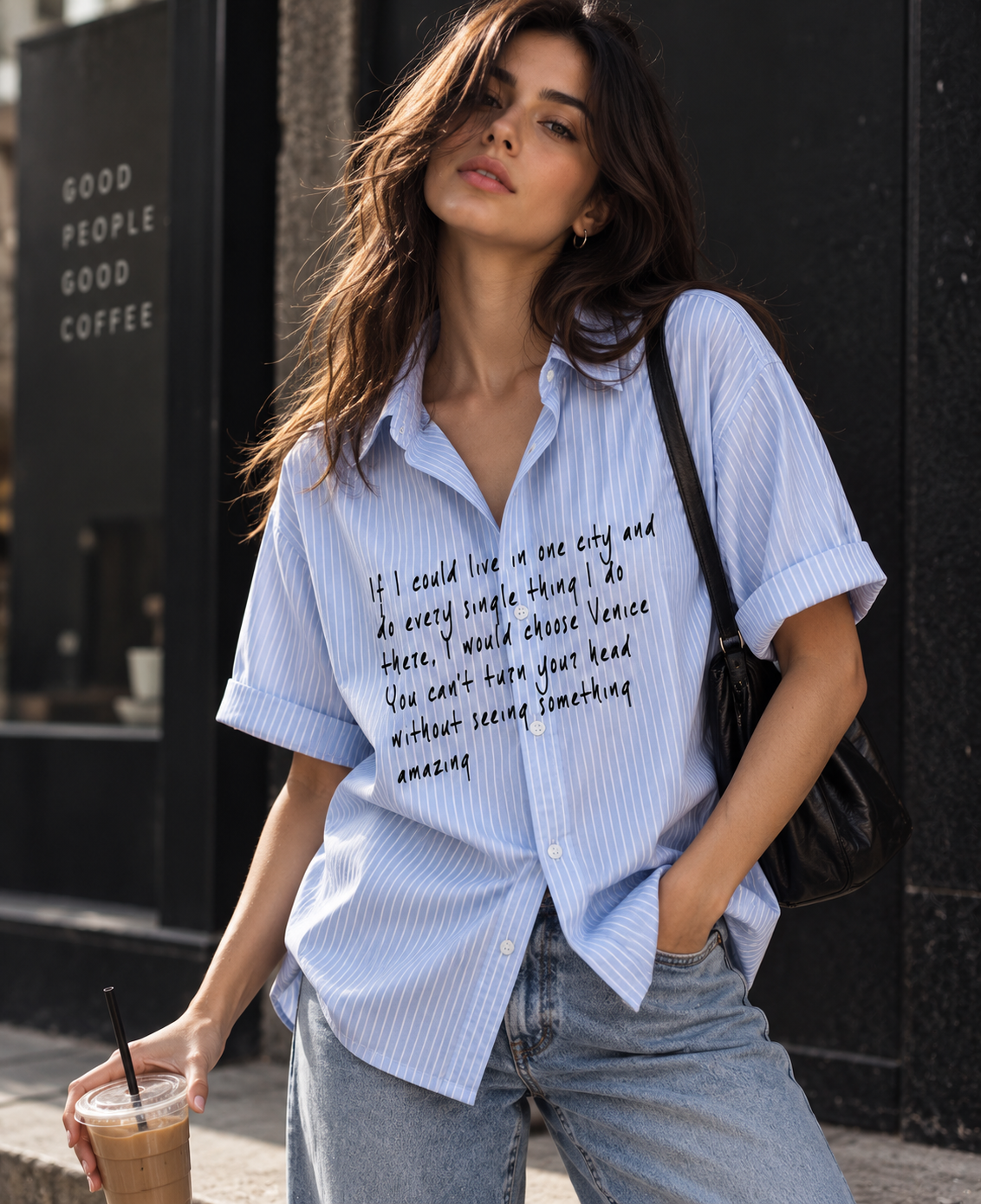 Venice Blue Boxy Fit Shirt by DUSTOFGODS, light blue pinstripe short sleeve shirt worn with denim