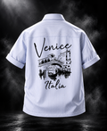 Venice Blue Boxy Fit Shirt by DUSTOFGODS, front studio view with Venice handwritten quote