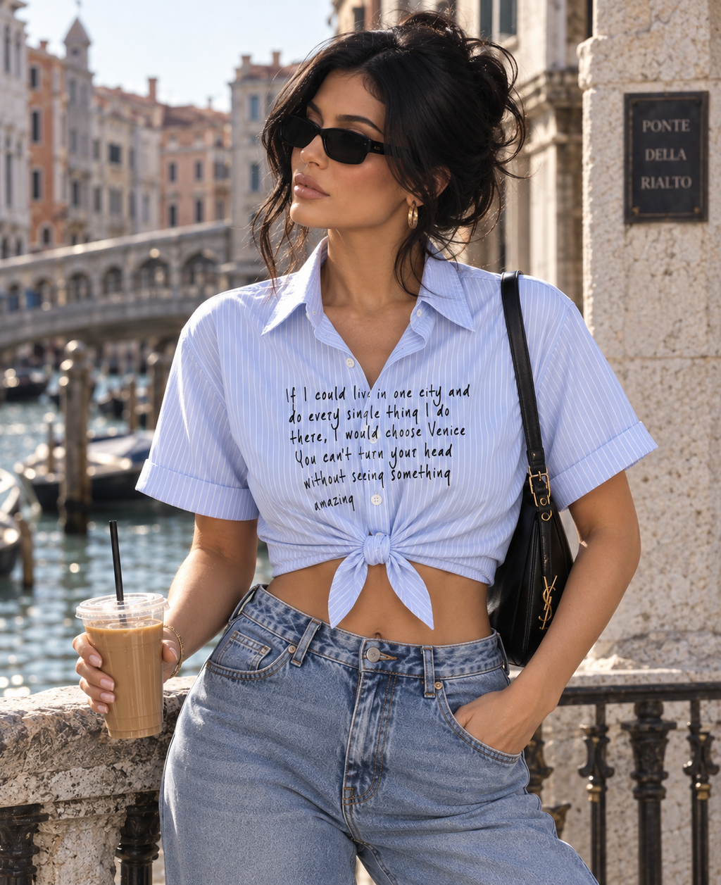 Venice Blue Boxy Fit Shirt by DUSTOFGODS, light blue pinstripe shirt with front Venice quote