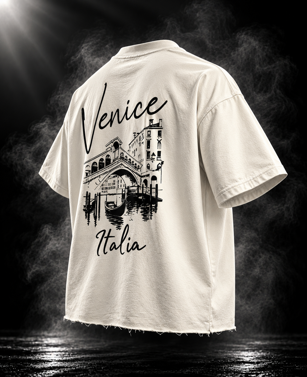 Venice Italia off white boxy fit unisex T-shirt angled back view with Rialto Bridge artwork
