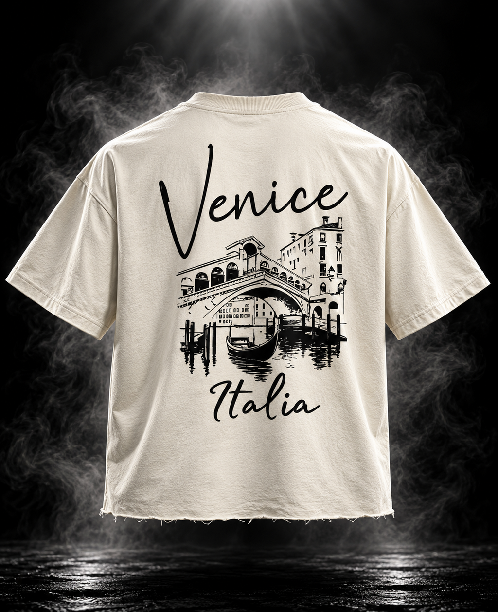 Venice Italia off white boxy fit unisex T-shirt back with large Rialto Bridge and gondola illustration