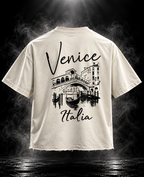 Venice Italia off white boxy fit unisex T-shirt back with large Rialto Bridge and gondola illustration