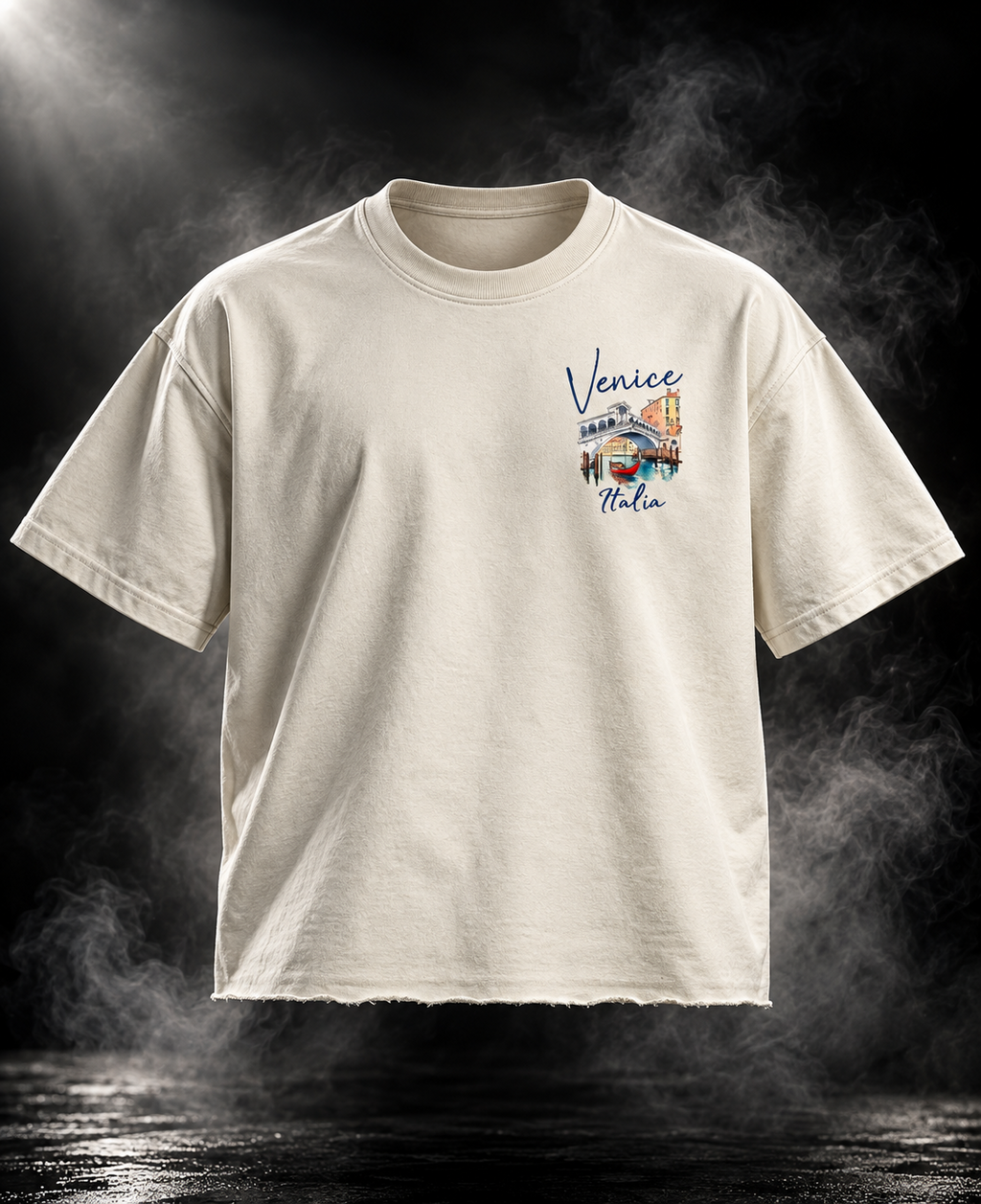 Venice Italia off white boxy fit unisex T-shirt front with small illustrated Rialto Bridge graphic