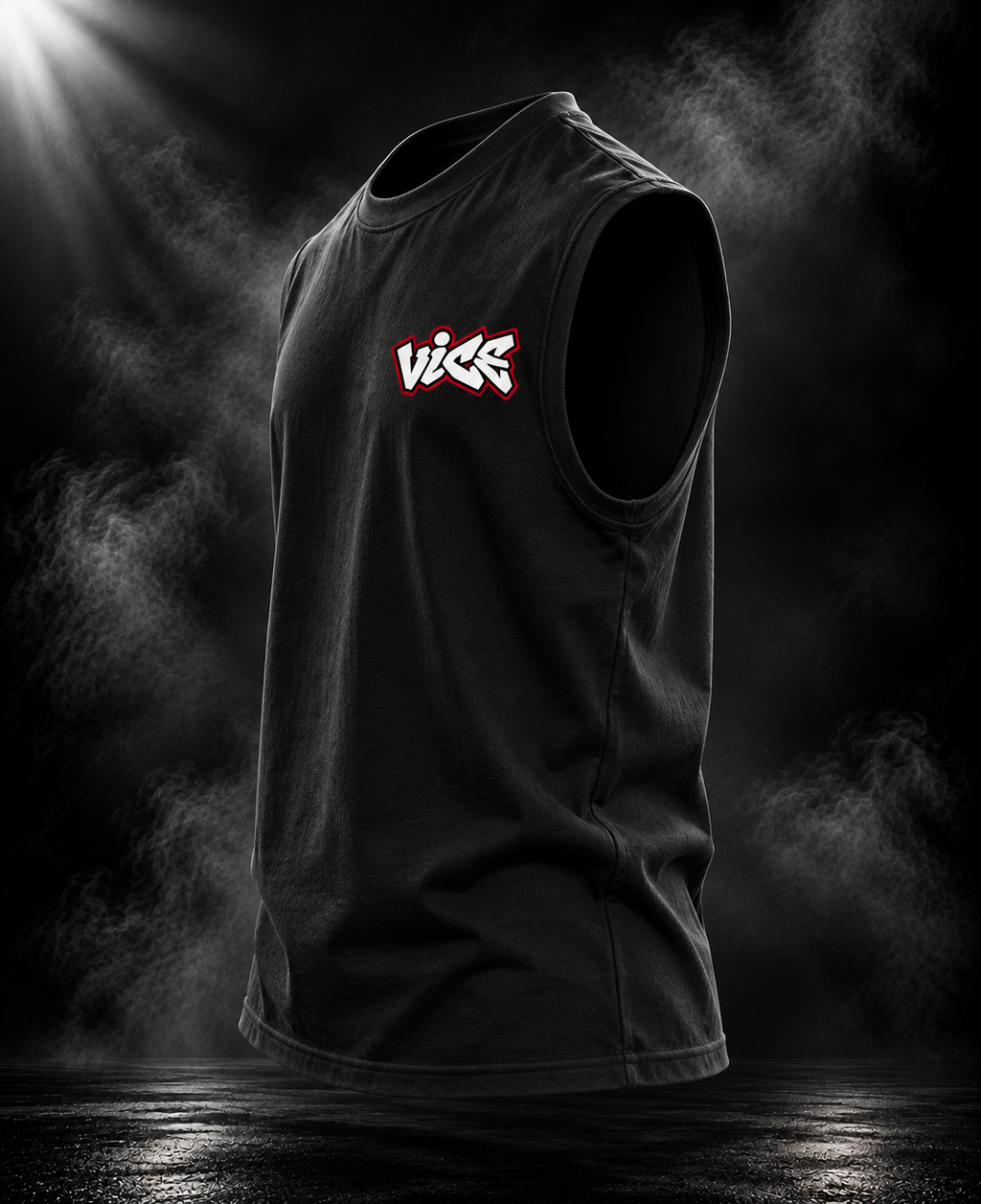DUST OF GODS Vice oversized black tank top showing the chest graphic and relaxed sleeveless silhouette