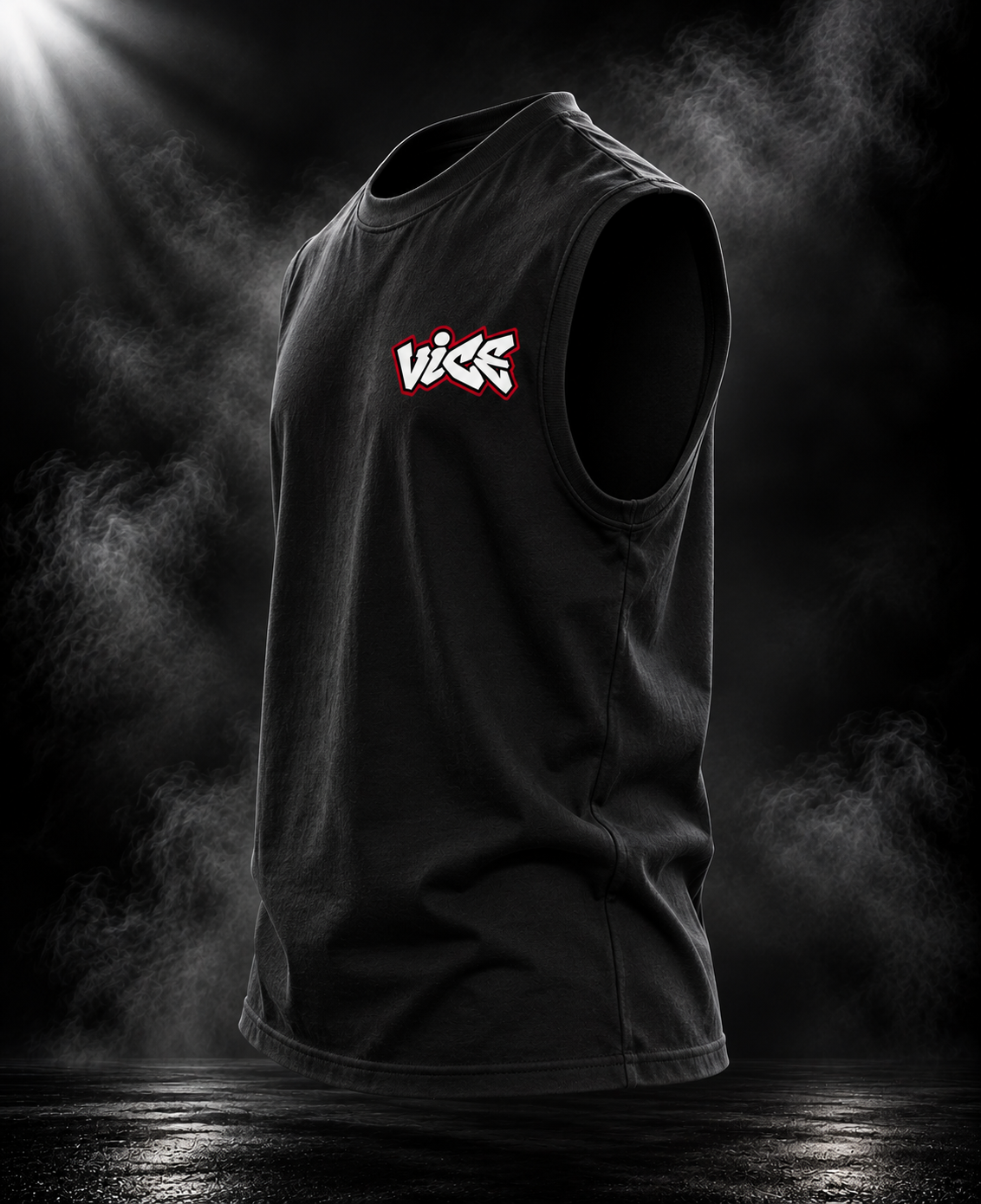 DUST OF GODS Vice oversized black tank top showing the chest graphic and relaxed sleeveless silhouette