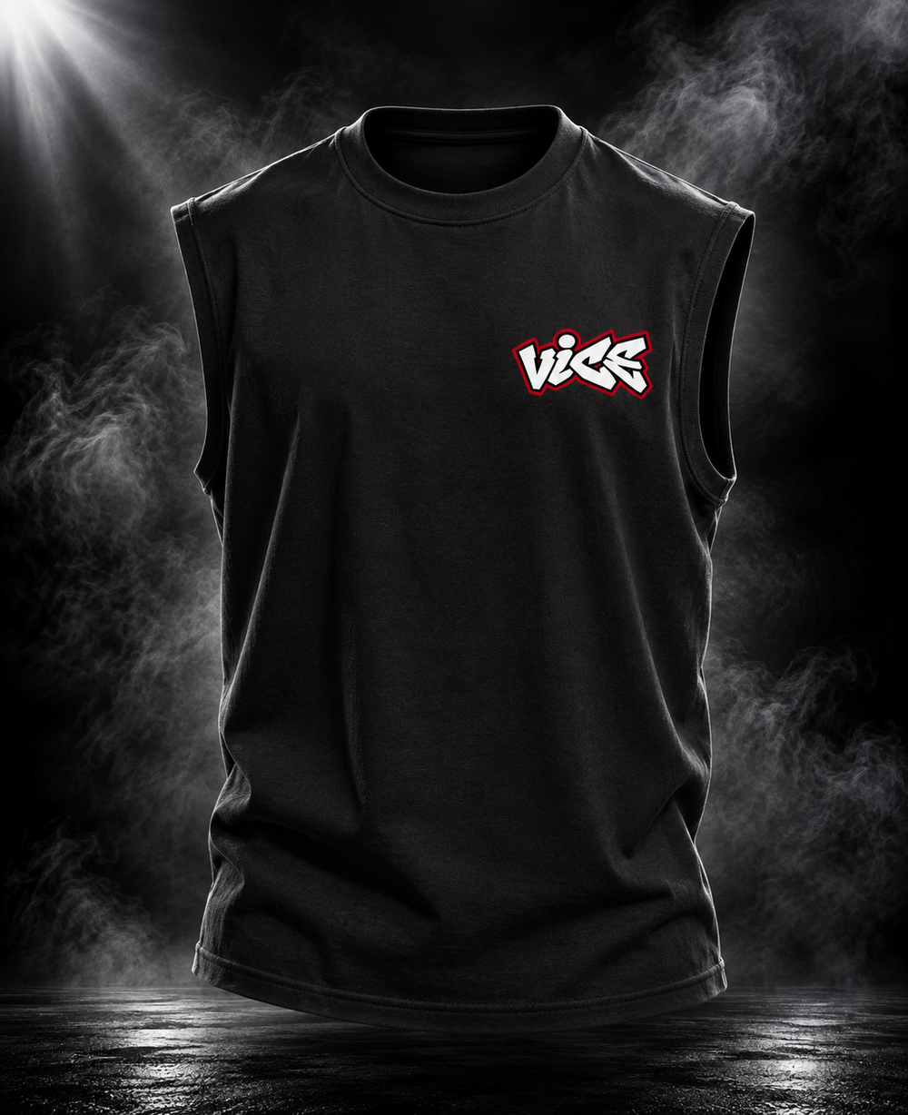 DUST OF GODS Vice oversized tank top in black with white and red chest graphic, front view