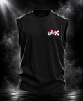 DUST OF GODS Vice oversized tank top in black with white and red chest graphic, front view