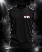 DUST OF GODS Vice oversized tank top in black with white and red chest graphic, front view