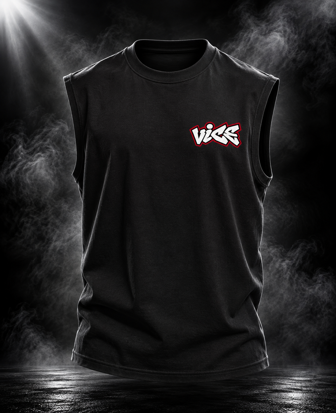 DUST OF GODS Vice oversized tank top in black with white and red chest graphic, front view