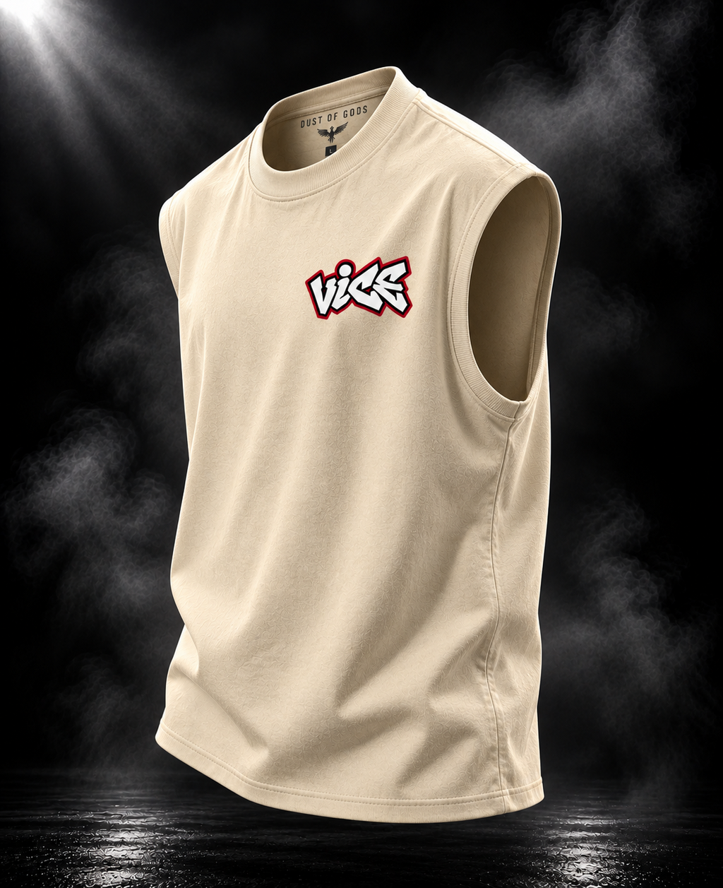 DUST OF GODS Vice oversized off white tank top showing the chest graphic and sleeveless cut